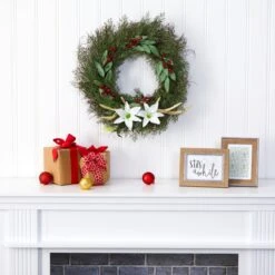 20-in Cedar, Antlers, Lily And Ruscus With Berries Artificial Wreath -Eds Plant Shop 20 cedar antlers lily and ruscus with berries artificial wreath 673547