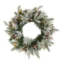 20-in Flocked Mixed Pine Christmas Wreath With LED Lights, Pine Cones & Berries -Eds Plant Shop 20 flocked mixed pine christmas wreath with led lights pine cones berries 128396