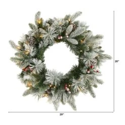 20-in Flocked Mixed Pine Christmas Wreath With LED Lights, Pine Cones & Berries -Eds Plant Shop 20 flocked mixed pine christmas wreath with led lights pine cones berries 630978