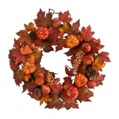 24-in Autumn Maple Leaves Artificial Fall Wreath With Pumpkins & Berries -Eds Plant Shop 24 autumn maple leaves artificial fall wreath with pumpkins berries 243290