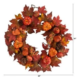 24-in Autumn Maple Leaves Artificial Fall Wreath With Pumpkins & Berries -Eds Plant Shop 24 autumn maple leaves artificial fall wreath with pumpkins berries 670271