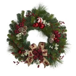 24-in Christmas Pine Wreath With Ornaments & Bow | Holiday Decor -Eds Plant Shop 24 christmas pine artificial wreath with ornaments bow 593530
