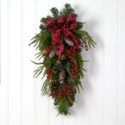 24-in Holiday Christmas Wreath With Pinecones, Berries & Bells -Eds Plant Shop 24 holiday christmas wreath with pinecones berries bells 924661