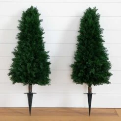 3-ft UV Resistant Artificial Cedar Plant With Integrated Ground Stake – Set Of 2