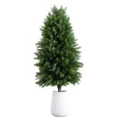 3-ft UV Resistant Artificial Cedar Tree In Decorative White Planter (Indoor/Outdoor) -Eds Plant Shop 3 uv resistant artificial cedar tree in decorative white planter indooroutdoor 258822