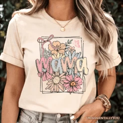 Floral Mama Coquette Bow Pastel T-Shirt, White And Natural Boho Tee With Spring Flower