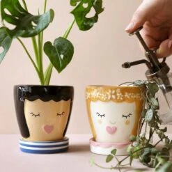 Pink Face Ceramic Planter And Tray, 9cm -Eds Plant Shop pink face ceramic planter and tray 9cm 947292